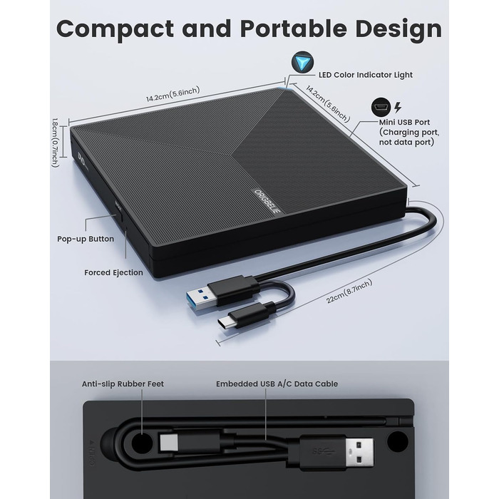 Зовнішній DVD-привід ORIGBELIE USB 3.0 та Type-C, портативний DVD-записувач для ноутбука та ПК
