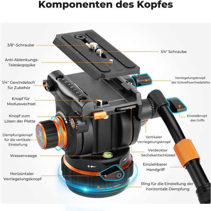 Штатив для камери K&F CONCEPT VA3+BV20: відео штатив з поворотним кріпленням, 184 см, для DSLR, відеокамер