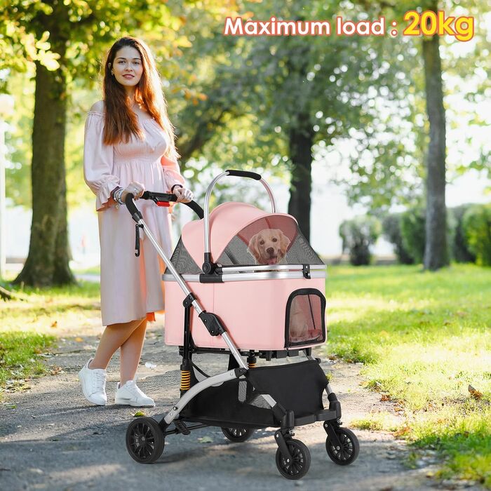 Візок для собак Mamizo 3-в-1: візок, переноска, сумка, до 20 кг, поворотні колеса, кошик, тримач для напоїв, для собак та котів (сріблястий, рожевий)