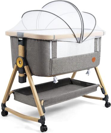 Maydolly 3-in-1 Bedside Crib - Portable Baby Cot with Breathable Net and Sheets, Adjustable Bassinet Bedside Crib Grey