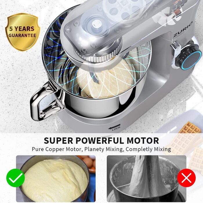 Stand Mixer 1300W Zurio 5.5L Stand Mixer/Kneader 10-Speed Robot Kneader with Quiet Dough Function, with Accessories Dough Hook, Whisk, Kneader Silver