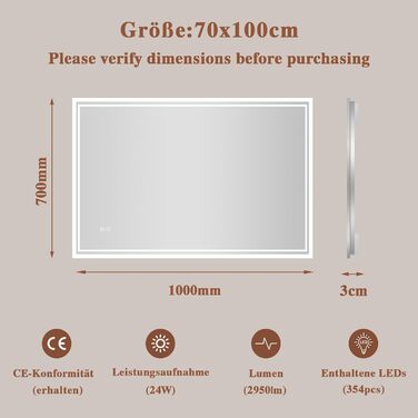 Дзеркало для ванної кімнати з підсвічуванням LED, антизапітніння, сенсорний вимикач, регулювання яскравості, 3 кольори світла, овальне, 50x70 см