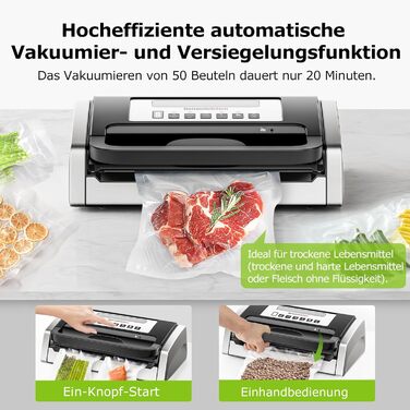 Вакуумний пакувальник Bonsenkitchen 15л/хв, з ручкою та вбудованим ножем, комплект з 2 рулонами, сертифікат екологічності