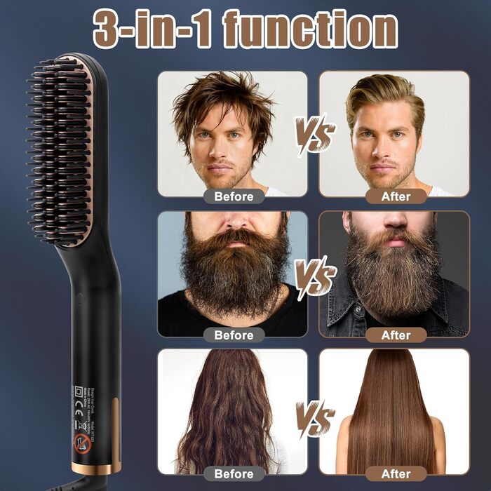 Електрична щітка для випрямлення бороди Bartglätter для чоловіків 3 в 1, 3 температурні режими (120-200°C), швидкий нагрів за 30 секунд, для дому та салону
