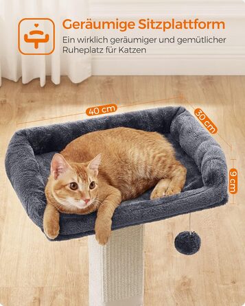Feandrea Cat Tree, Cat Tower with 40 x 30 cm Plush Platform, Scratch Post, Cat Scratching Post, 71 cm High, Sisal-Wrapped Scratching Post, 45 x 40 cm Base, with Plush Ball, PCA022W01 (Dark Grey)