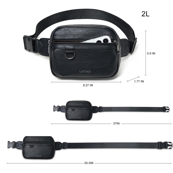 Жіноча сумка на пояс, кросбоді, з PU шкіри, водовідштовхувана, антикрадіжна, 4 відділення, чорна, на блискавці, 19.05 x 15 см, 55 см ремінець, ручне прання