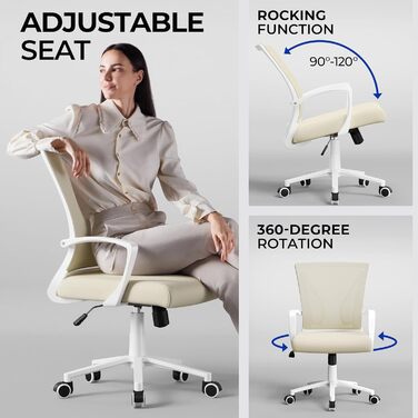 Офісний крісло Yaheetech ергономічне, з сітчастою спинкою, з підлокітниками, для офісу та дому, комп'ютерне крісло, витримує до 136 кг, дихаюче, з функцією гойдання (Бежевий)