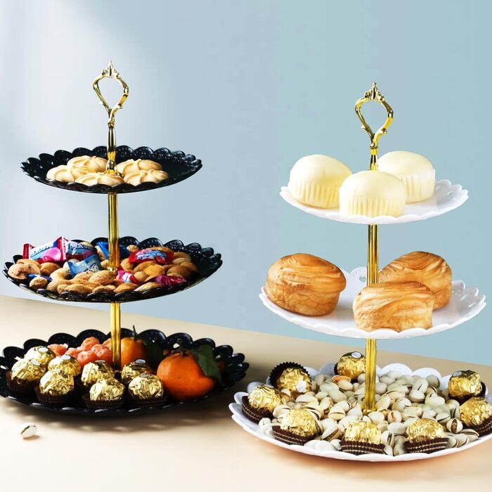 Трирівнева підставка для капкейків, десертів, фруктів, печива, цукерок. Підставка для сервірування на вечірку, весілля, день народження, дитячий свято (пластик, чорний та білий)