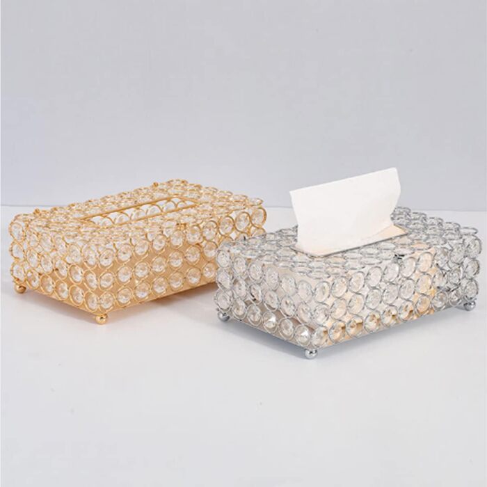 Crystal Cosmetic Box 20 × 13 × 6 cm Rectangular Gold Decorative Tissue Box, Metal Rhinestones Glitter Cosmetic Tissues Desktop Tissue Box for Bedroom Bathroom Living Room