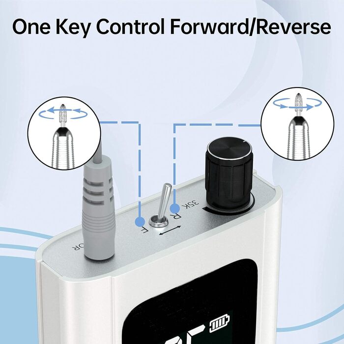 Електричний нагліфрезер Delanie 35000 об/хв для акрилових та звичайних нігтів - акумуляторний, з набором свердел, регулювання швидкості та напрямку (білий)