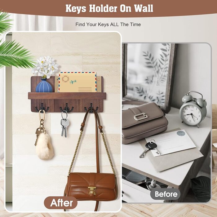 Дерев'яне ключниця з полицею та 6 гачками, ключниця на стіну для прихожей, коридору, кухні (Колір: Коричневий)