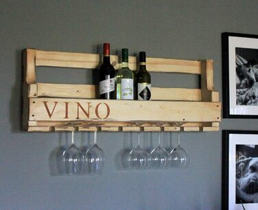 Wooden Wall-Mounted Wine Rack - with Glass Holders and VINO Signage - Flamed - Fully Assembled - Shelf for Wine Bottles and Glasses (Rust-Look)