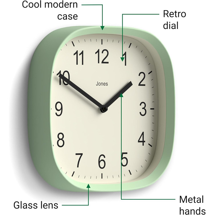 JONES CLOCKS Square Retro Wall Clock made of high-quality acrylic, 'Sprite' in Mint Green, 25 x 25 x 5 cm