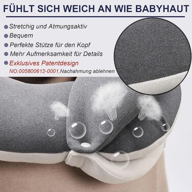 Подушка для шиї BUYUE для подорожей, 360° підтримка голови, сон у дорозі, комплект з маскою для очей, навушниками та чохлом (для дорослих, сіра, до 45 кг)