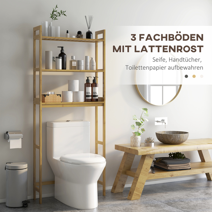 kleankin 3-Tier Toilet Bowl Shelf Bathroom Storage Rack with Tip-Over Protection Bamboo, Natural, Space-Saving Storage Shelf for Bathroom