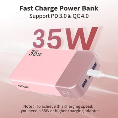 Power Bank NOBIS 20000mAh 35W з кабелем USB-C, рожевий | Портативний зарядний пристрій з цифровим дисплеєм