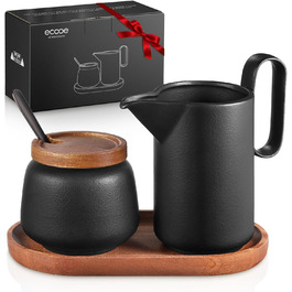 Набір для молока та цукру Ecooe: молочник і цукорниця з кришкою та металевою ложкою, кераміка, чорний колір