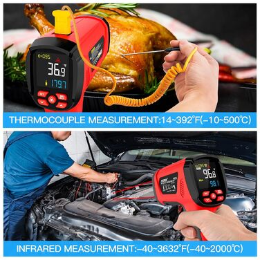 Інфрачервоний термометр MESTEK: цифровий лазерний пірометр з K-зондом (-50°C ~ 800°C) з безконтактним вимірюванням, LCD-дисплеєм, функцією оповіщення та регулюванням коефіцієнта випромінювання. Підходить для кухні, гриля та автомобіля.