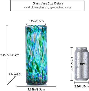 Скляна ваза 22,9 см блакитно-зелена, ручної роботи, сучасний дизайн, для квітів та декору, ідеально для дому та офісу