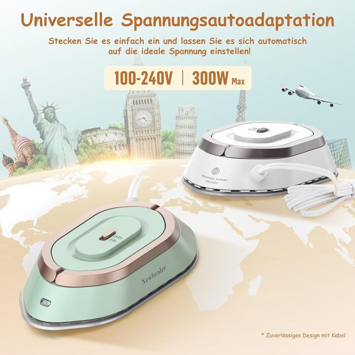 Міні-праска Newbealer для подорожей, 220V/120V, компактна праска для одягу (без пари), керамічна підошва, 150°C, з пульверизатором, чохлом та підставкою (зелена)