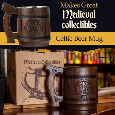 Діжка Wikinger 0.6 л з дуба - середньовічна діжка для пива, кружка, кубок з гравіюванням Молота Тора, рунами. Ідеальний подарунок для чоловіків, дерев'яний кубок з рунами, подарунок на День Святого Валентина