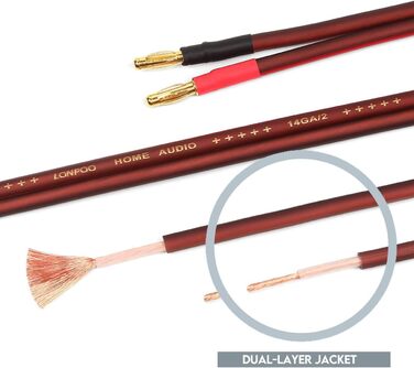 Акустичний кабель LONPOO LP42 з чистої міді та позолоченими бананоподібними роз'єктами, 14 AWG, 2 м, червоний (пара) для HiFi колонок