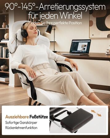 Ігровий крісло Dowinx з масажем, ергономічний дизайн, підтримка попереку та шиї, до 135 кг, шкіра, для дорослих (білий)