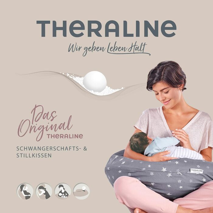 Подушка для вагітних та годування груддю Theraline Das Original 190 см Taupe з чохлом Blättertanz - подушка для сну на боці, перлинна