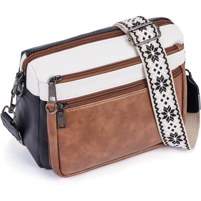 Сумка жіноча через плече MUIIKOLA середнього розміру, екошкіра, м'який широкий ремінь (чорно-бежево-коричнева)