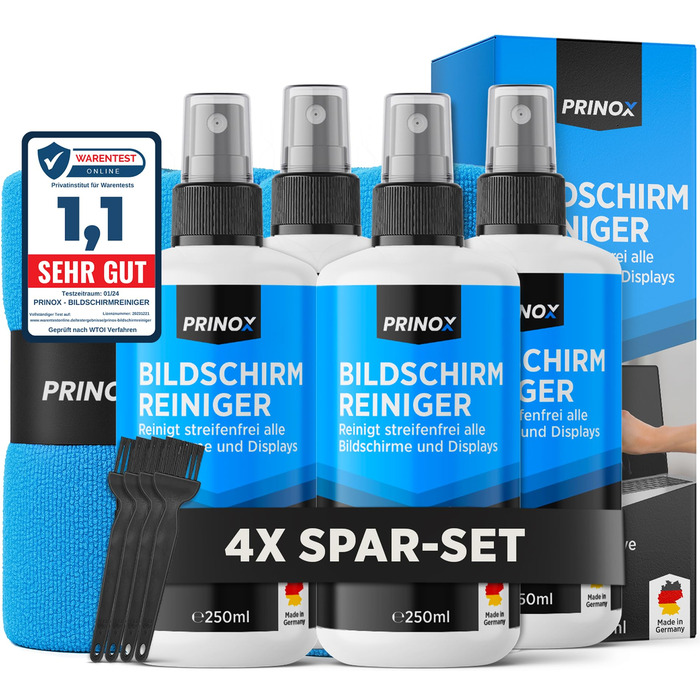 Набір для чищення екранів PRINOX 250 мл: мікрофібра, пензлик | Для мобільних, ноутбуків, ТВ (LCD, LED, OLED, QLED, TFT) | Від жиру та відбитків пальців