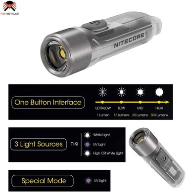 Ліхтарик-брелок Nitecore TIKI, міні, акумуляторний, 300 люмен, UV-світло, надяскравий