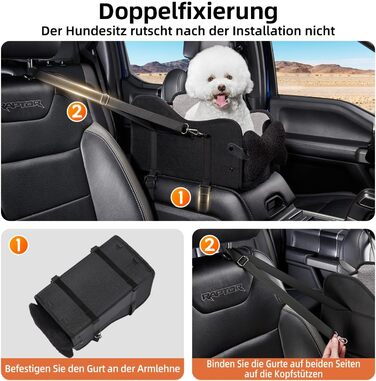Автокрісло для собак та котів GGW | Безпечне автокрісло для маленьких собак та котів з подвійним кріпленням, водонепроникне, з бічними кишенями та швидкою установкою (сумісне з 99% підлокітників) (Чорний, стандартний стиль)