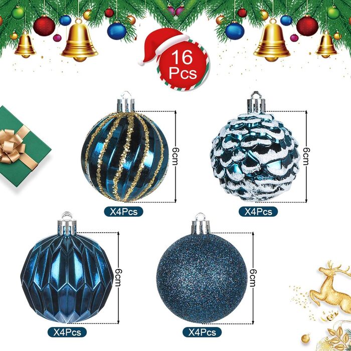 Набір прикрас на ялинку 16 шт. - Синє пластикові кулі, 6 см, для ялинки