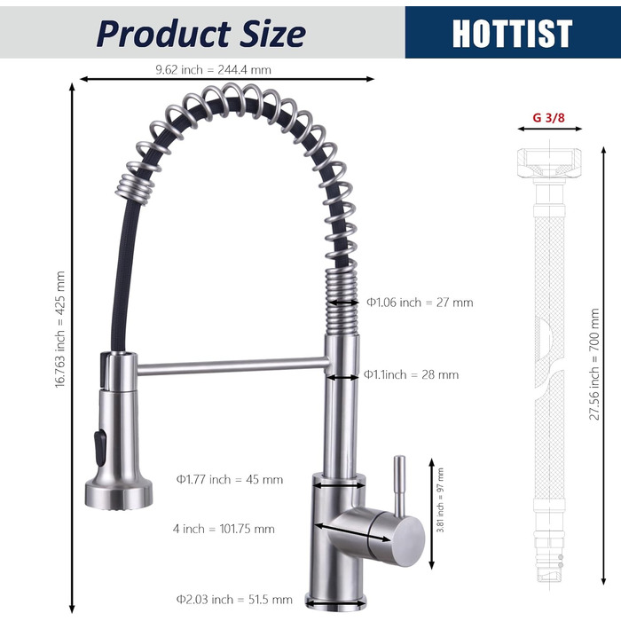 Чорний кухонний змішувач з висувною лійкою, високий поворотний вигин, 2 режими розпилення, нержавіюча сталь, шорстка поверхня