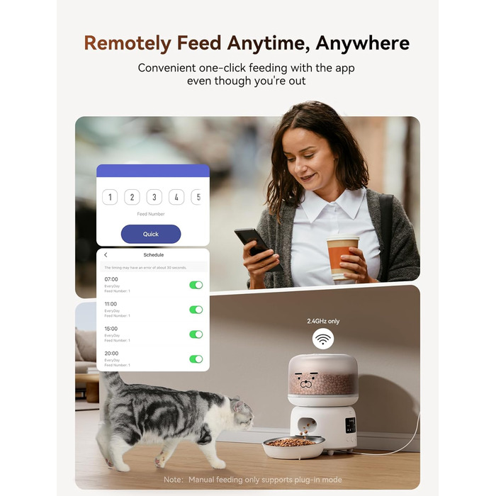 Автомат годування котів FEELNEEDY з додатком, WiFi, нержавіюча сталь, 3L, білий. Програмування до 10 прийомів їжі на день, сповіщення про застрягання корму та низький заряд батареї