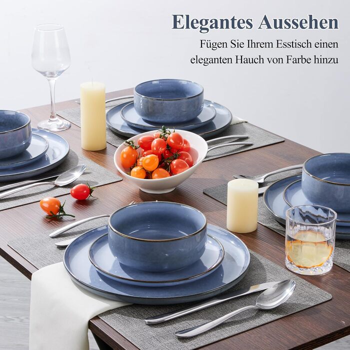 Набір посуду Joyfair на 6 осіб, 18 предметів: тарілки для їжі, десертні тарілки, миски для каші, з реактивною глазур'ю, для мікрохвильової печі та посудомийної машини (Ozean Blau)