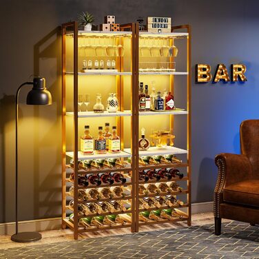 Tribesigns 20 Bottle Wine Baker's Rack, Freestanding Floor Wine Rack, 9 Tiers, Industrial Freestanding Wine Rack Wine Bar with Glass Holder Bottle Shelf for Bar, Kitchen, Dining Room, (Gold, 1 PC)