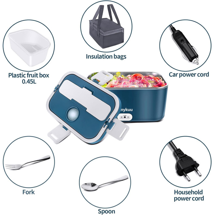 Електрична ланчбокс 1,8л 100W 3-в-1 з підігрівом 12V/24V/220V для авто/офісу/дому (з виделкою та ложкою, блакитна)