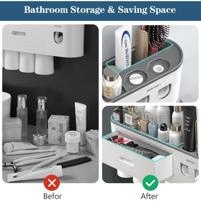 Automatic Toothpaste Dispenser, DENSAIL Toothbrush Holder Wall Mount with Dustproof Cover and 2 Toothpaste Dispensers, 2 Electric Toothbrush Holders, and 4 Toothbrush Organizer Slots (2 Dispensers + 2 Cups)