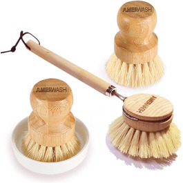 Dish Brush Set made of wood, for cleaning pots, pans and vegetables, natural bristles, bamboo scrub brushes with ceramic bowl, 1 long-handled dish brush + 2 palm-sized scrub brushes