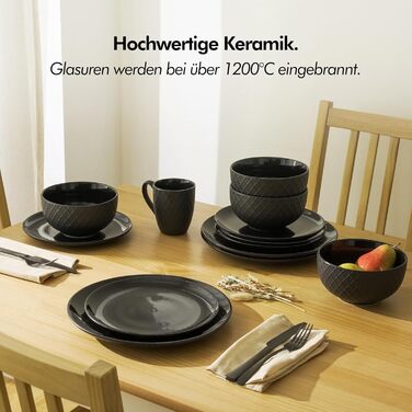 KIVY Dinnerware Set for 6 People [Scratch & Dishwasher Safe] 6x27cm + 6x22cm - Plate Set 12-Piece Modern - Dinnerware Set - Combination Service - Black Dinnerware Set - Black Plate Set - Matte Black Plates