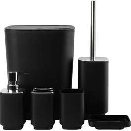 Сучасний набір для ванної кімнати на 6 предметів (білий) з дозатором мила, тримачем для зубних щіток, мильницею, WC-щіткою, відром та стаканом (чорний метал)