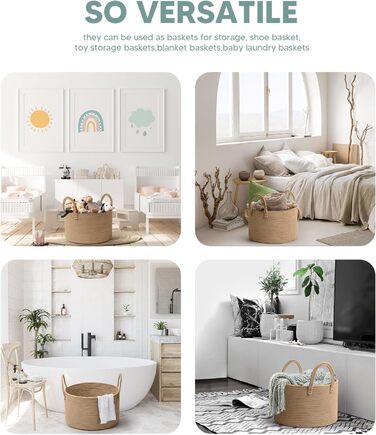 Rieeyrslza Laundry Basket for Blankets 32L Woven Laundry Collector Cotton Rope Basket Foldable Versatile Storage Basket with Handles Suitable for Living Room and Bedroom (Jute)