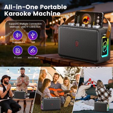 Караоке-система HWWR MS81 з 2 мікрофонами Bluetooth 5.3, підтримка USB/TF-карти/AUX, функція запису, для дому та вечірок, чорний колір