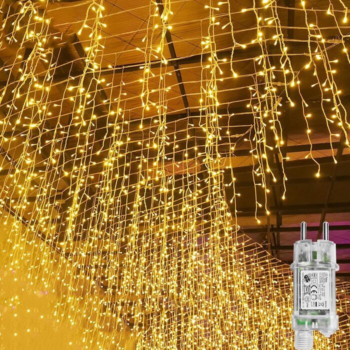 Ланцюжок прикрас 10 м, 400 LED, світлоний завіс, для внутрішнього та зовнішнього використання, з EU-штекером, 8 режимів, ефект морозного дощу, тепле біле світло