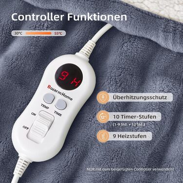 Електрична ковдра BWARM HOME 130x180 см з автовимкненням, 9 режимів нагріву, таймер на 10 годин та захистом від перегріву. Ковдра для сну та відпочинку (темно-сірий)