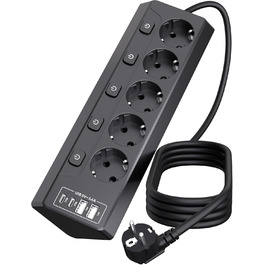 Мережевий фільтр 5-фазний з USB та LED, чорний - для дому, кухні, офісу