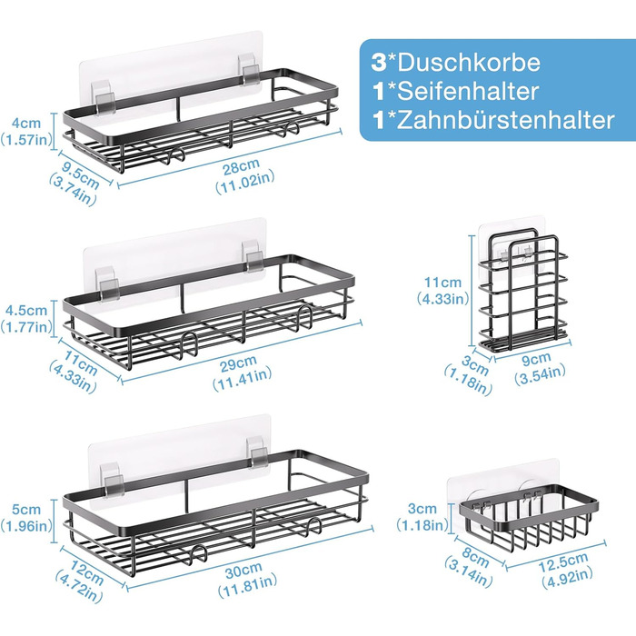 Поличка для душу без свердління, 5 шт. Органайзер для ванної кімнати, кутова поличка для душу з гачками, самоклеюча поличка для ванної та кухні (Чорний)