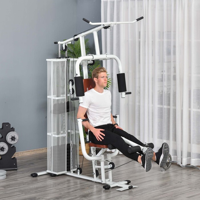 HOMCOM Home Fitness Station, total weight 45kg, with press arm, leg developer, rolling pads, PU leather, 150 x 110 x 210 cm, White | Aosom