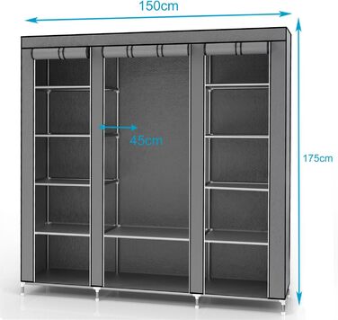 INTIRILIFE Folding Wardrobe 150x175x45 cm - with Zipper Fabric Wardrobe Closet with Clothes Rail, Compartments and Side Pocket - Camping Pop-up Storage Cabinet Textile Wardrobe (Ash Grey)